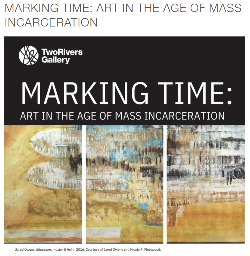 Image of art pieces for the exhibit called "Marking Time: Art in the Age of Mass Incarceration" at the two rivers gallery in Prince George, BC. 