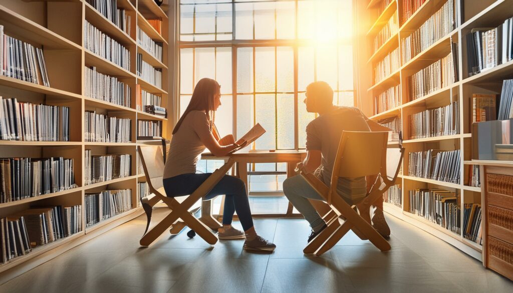 Two students in a softly lit library, studying at a table. 