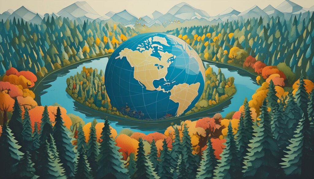 Earth globe in the center of the image, surrounded by a river, nature and trees, mountains in the background - symbolizing climate education. 