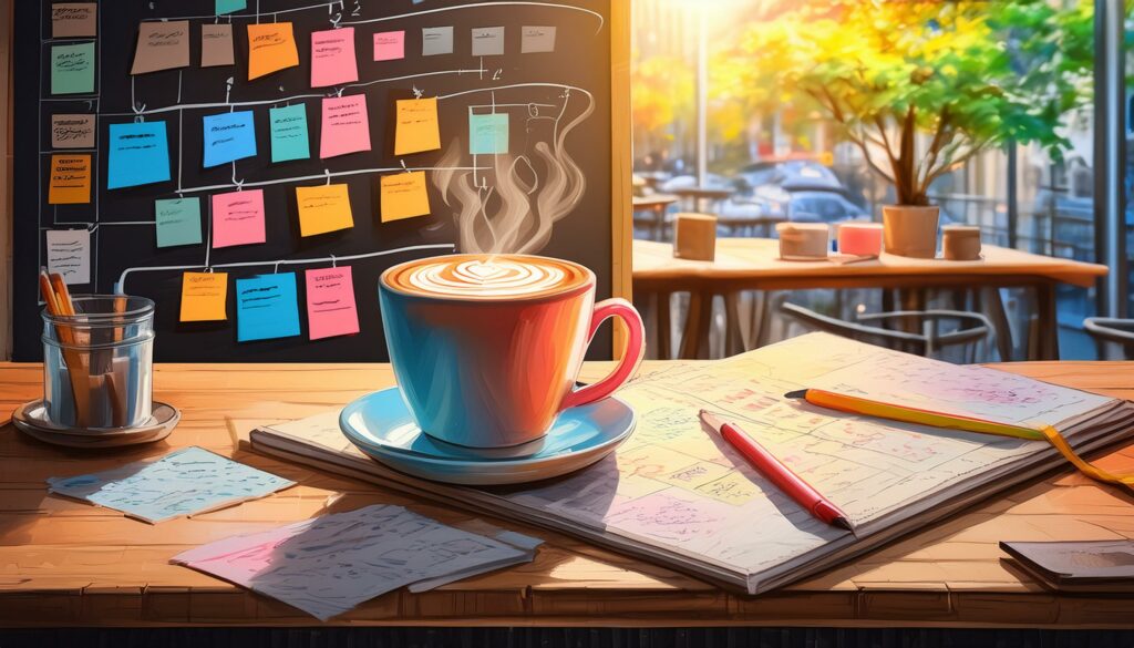 Sunny cafe table with a cup of coffee, notebooks, pencils. Blackboard in the background with brightly colored sticky notes indicating planning. 