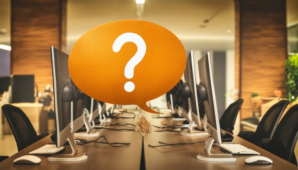 White question mark in an orange speech bubble. Background image of computer lab and desks. 