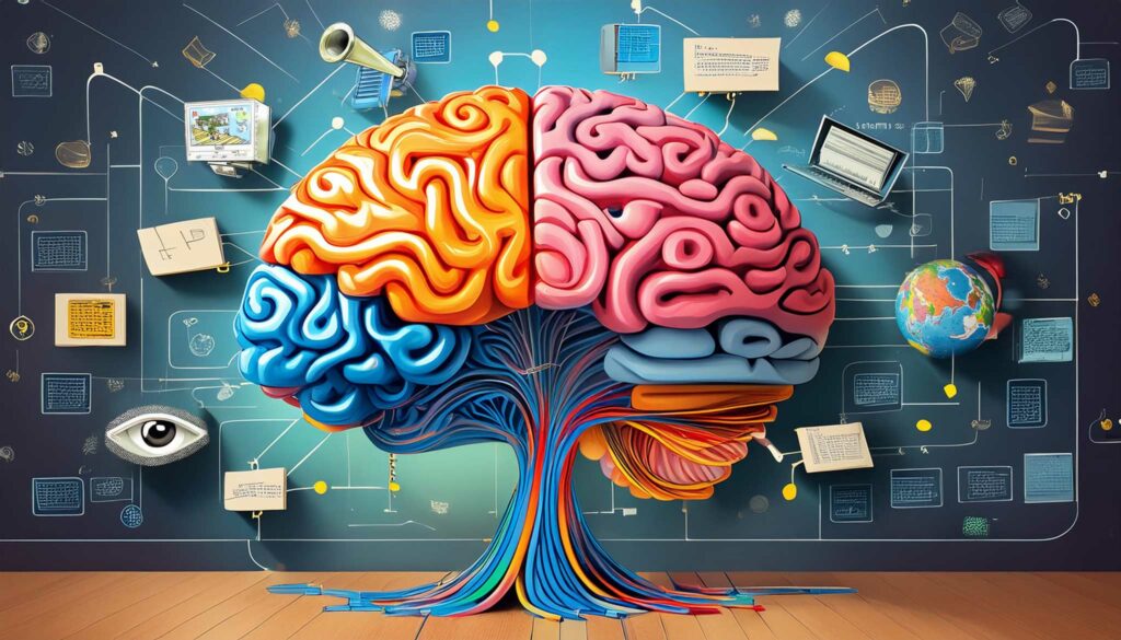 Image of a brightly colored brain tree in centre of image, surrounded by icons for seeing, listening, watching - representing different ways to learn. 